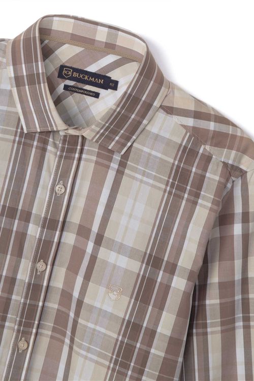 CAMISA CONTEMPORÂNEA SUPER SLIM MANGA LONGA XADREZ BEGE