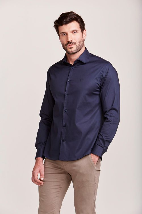 CAMISA MANGA LONGA SOCIAL REGULAR COM ELASTANO MARINHO