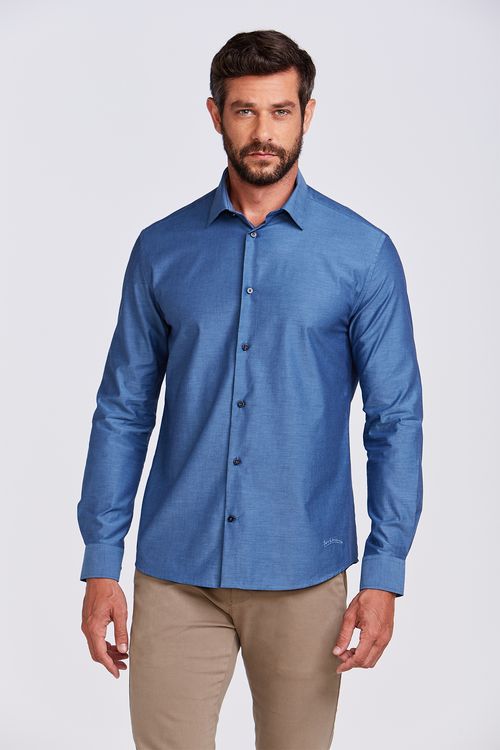 CAMISA CASUAL M/L FALSO LISO TRICOLINE AZUL